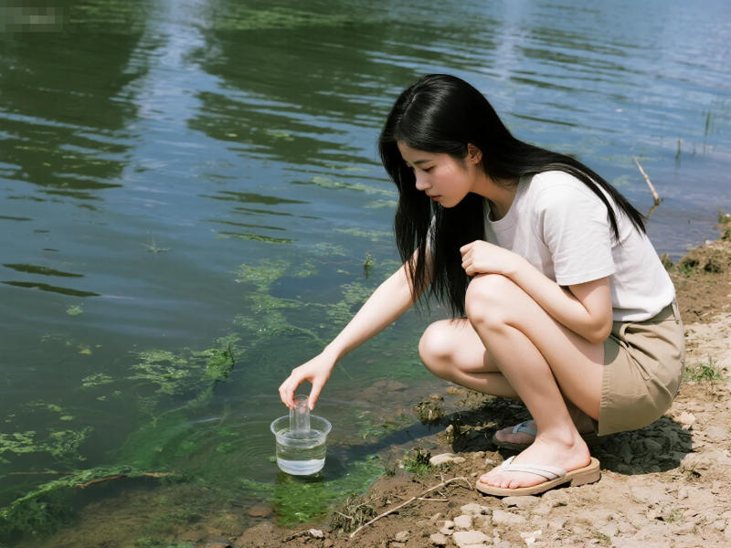 戶外河水邊正在取水樣準(zhǔn)備化驗